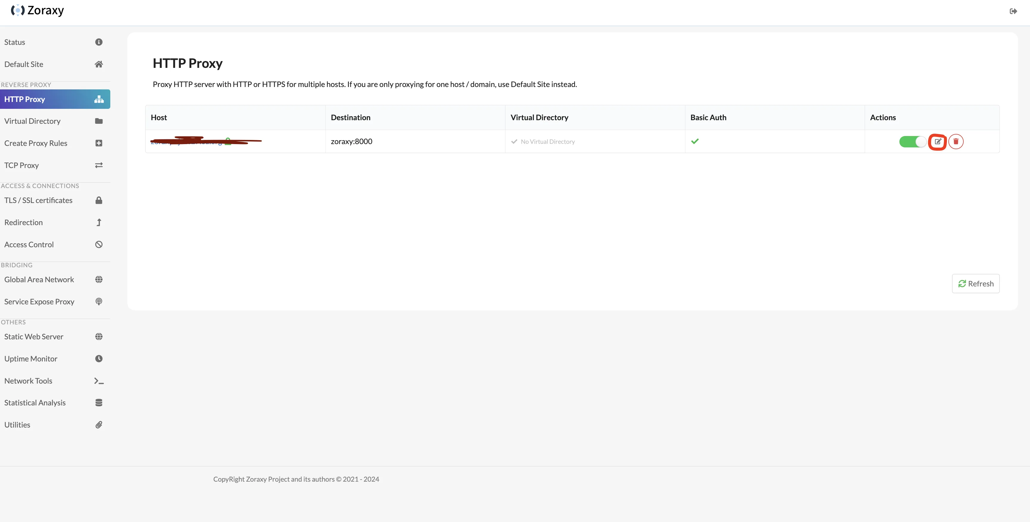 如果basic auth不生效的话，可以来到HTTP Proxy选项页，编辑刚才创建的反向代理记录。