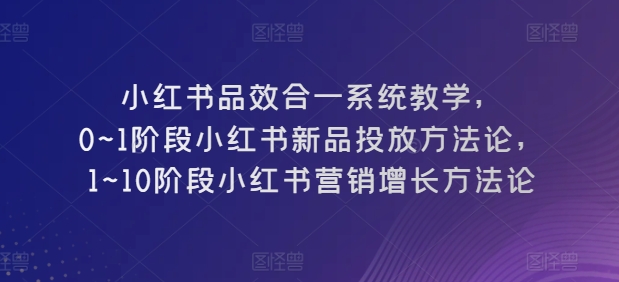 小红书品效合一系统教学，0--1阶段小红书新品投放方法论，1--10阶段小红书营销增长方法论