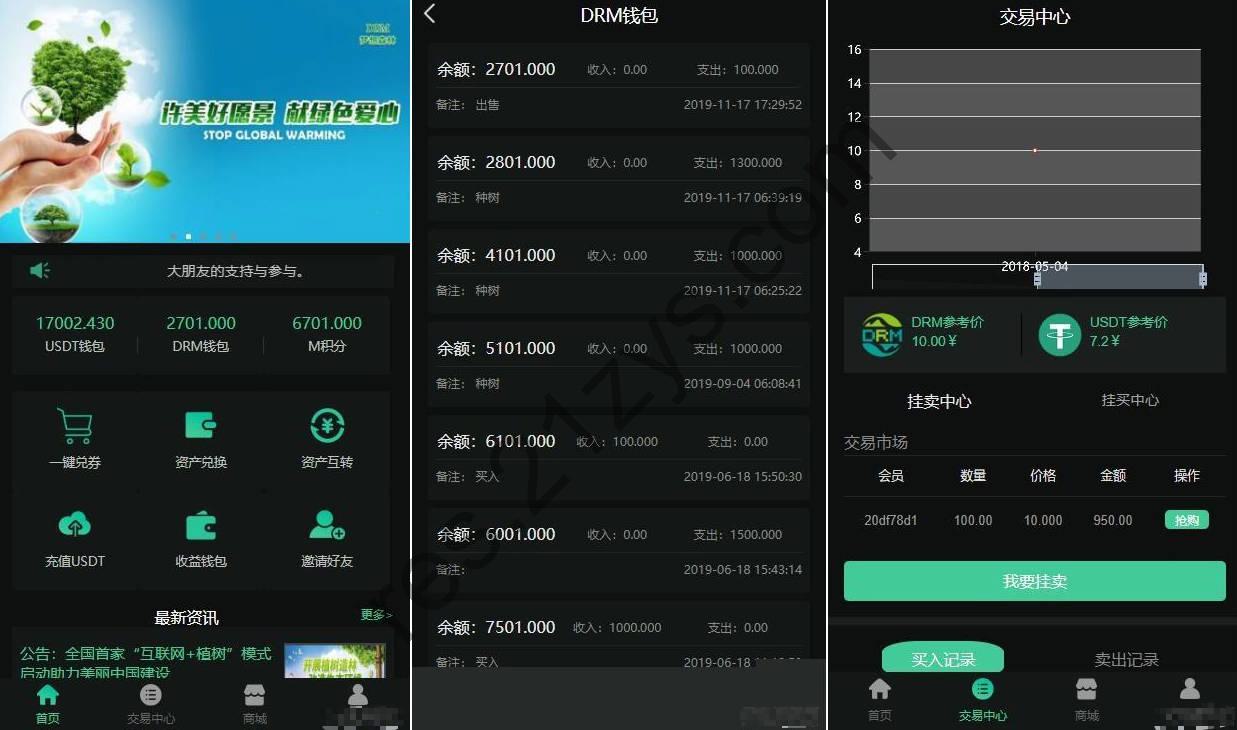 DRM森林区块商城 种树区块系统带交易中心+直推系统+分红+在线挖矿+金融投资理财H5源码