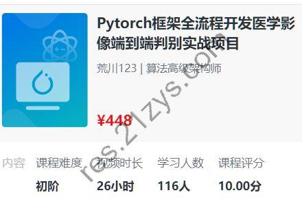 PyTorch深度学习，全流程医学影像端到端判别实战项目(2023新版) ,价值448元