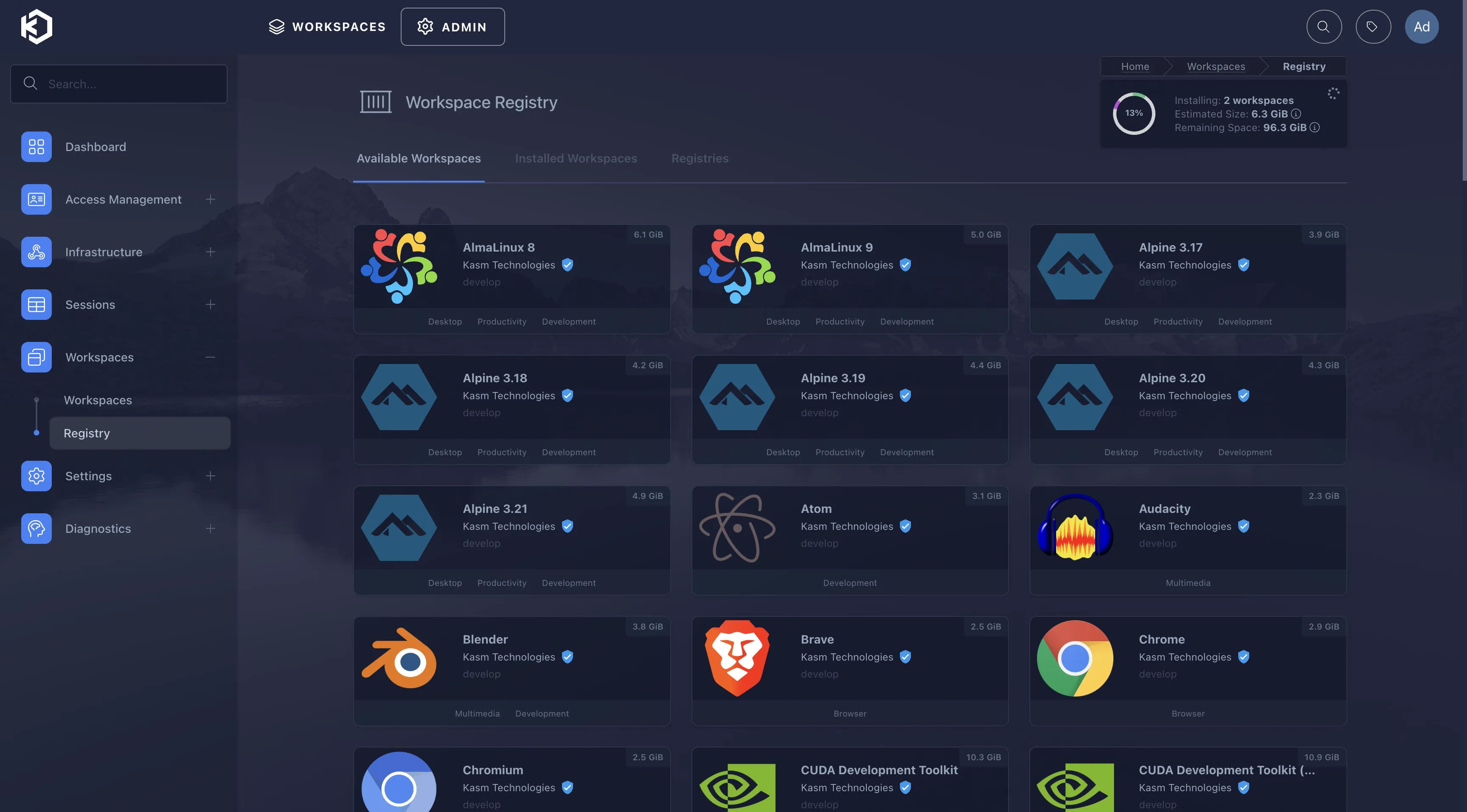 要安装其余的Workspaces，可以在ADMIN—>Workspaces—>Registry中选择。