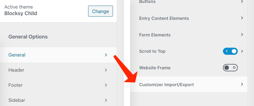 Blocksy import export options