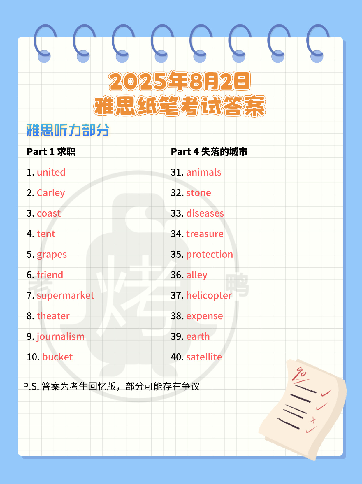 2025年8月2日雅思考试答案