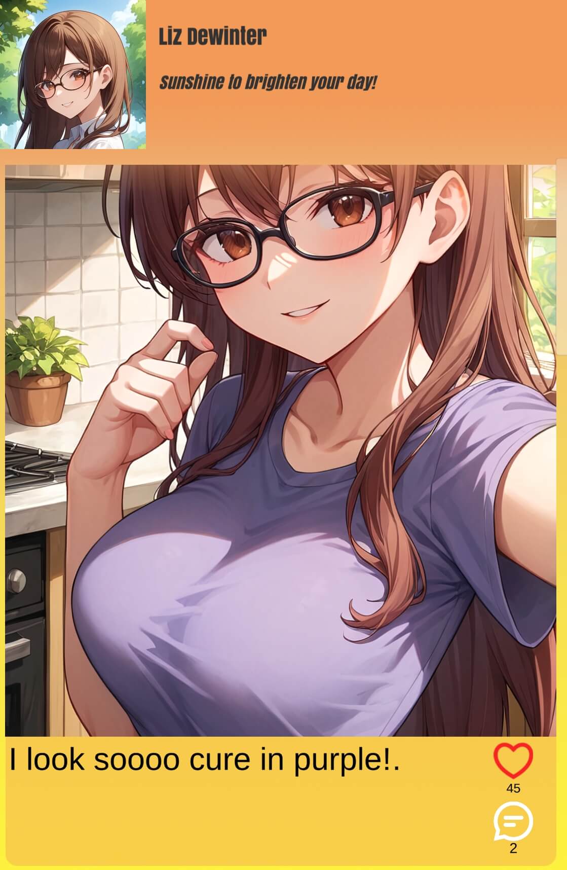 紫色T 恤美少女自拍照推文的截图