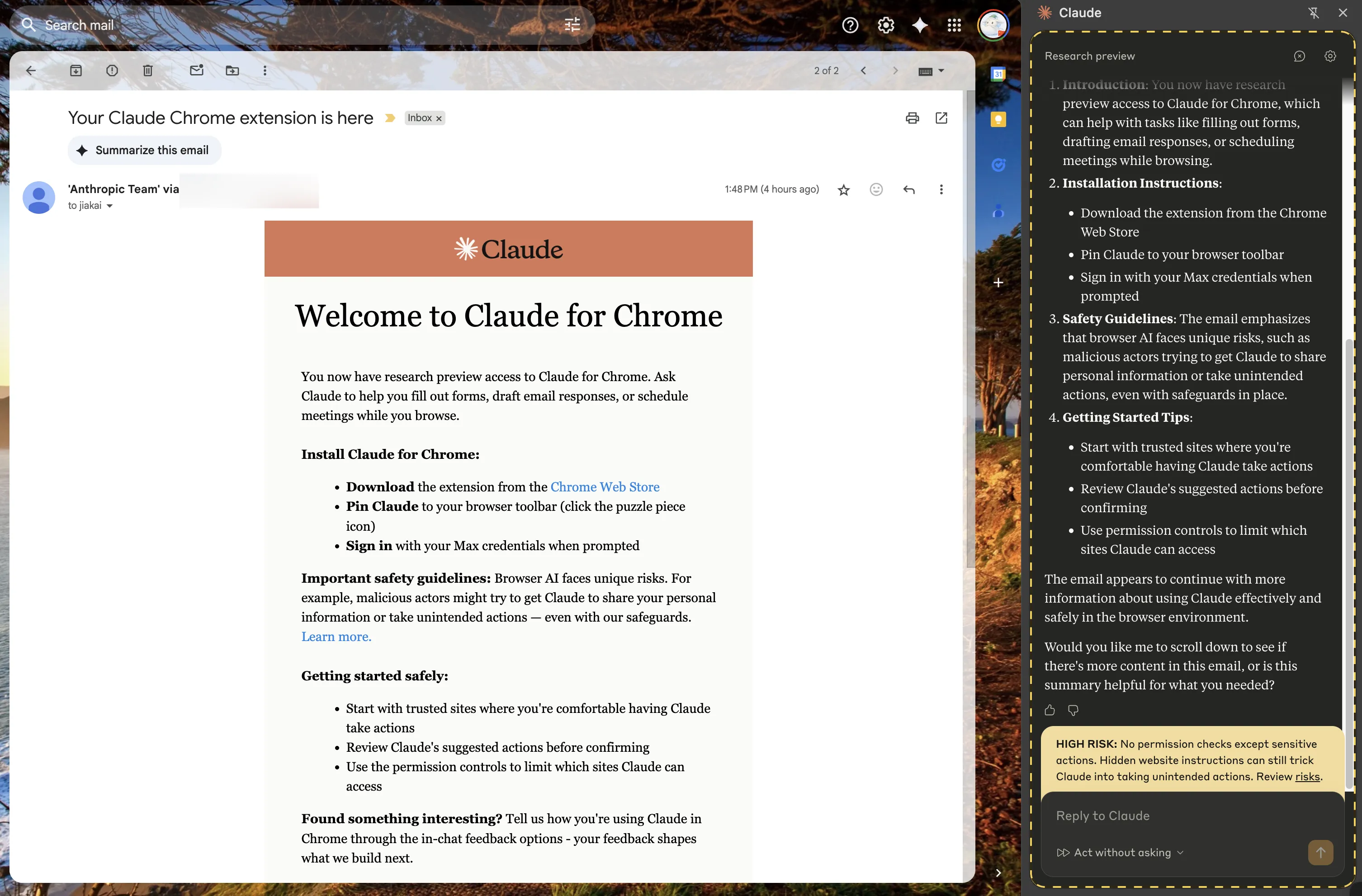 惊喜获得了Claude for Chrome测试