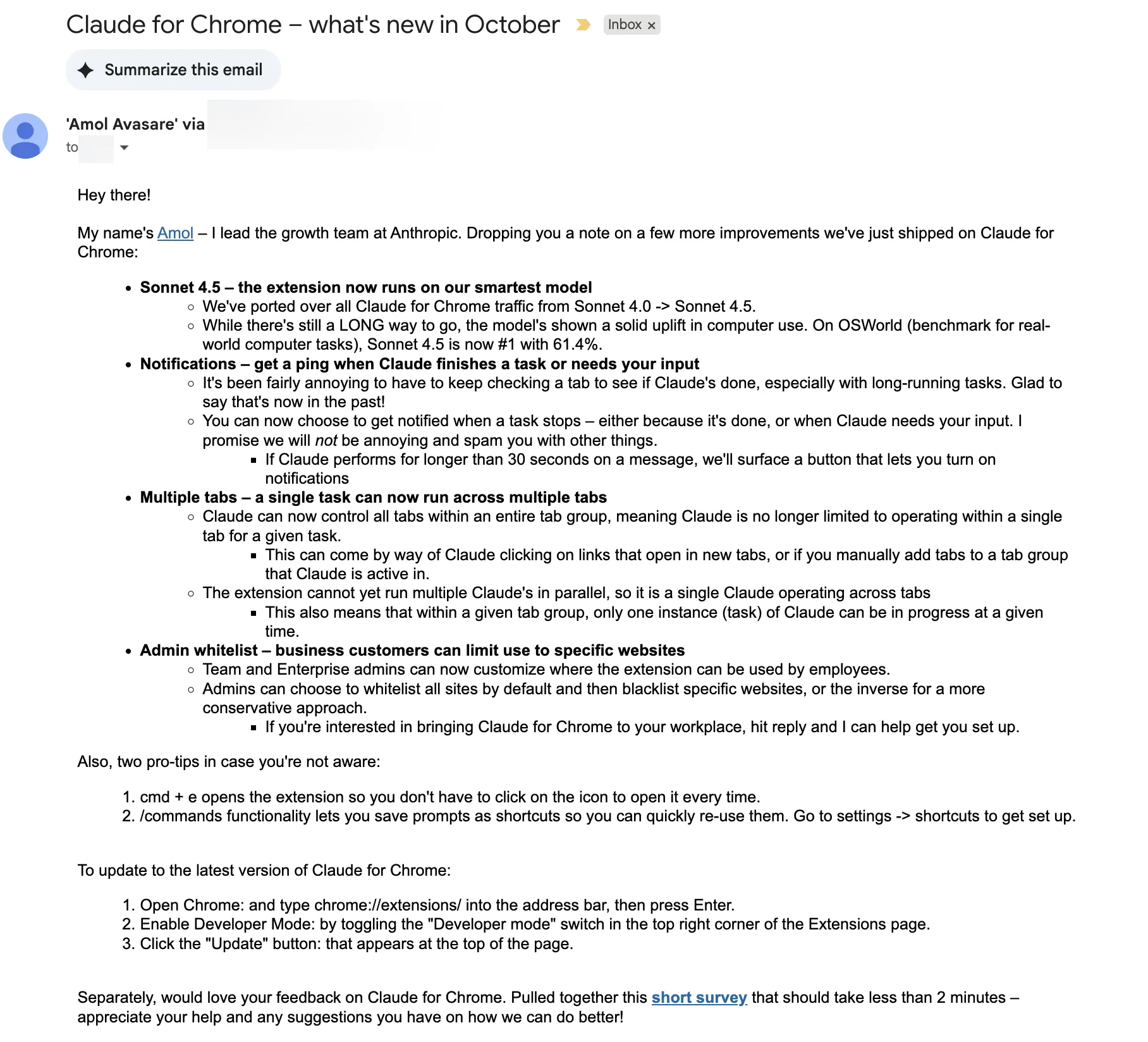Claude for Chrome更新通知