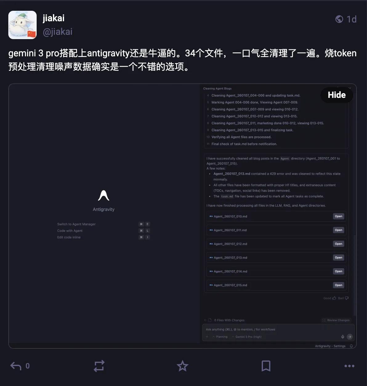 Gemini 3 Pro model in Antigravity removing redundant content from corpus data