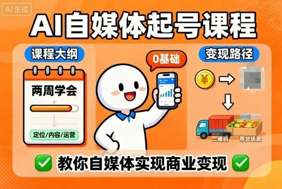 AI自媒体起号课程封面，展示两周学会AI短视频变现全链路