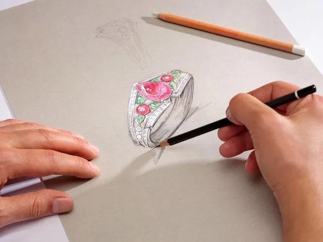 用Procreate在iPad上绘制18K金祖母绿戒指商业效果图